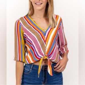 Multi-color Striped Vneck Front Tie Blouse